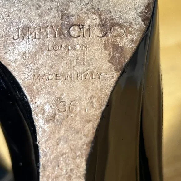 Women Jimmy Choo Baxen Black Patent Leather Peep Toe Wedge Pumps Heels 36 US/6